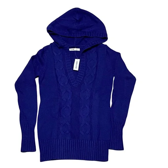 Old Navy Women Royal Blue Cable Knit Hooded V Neck Sweater Long Sleeve XS NWT - Picture 2 of 7